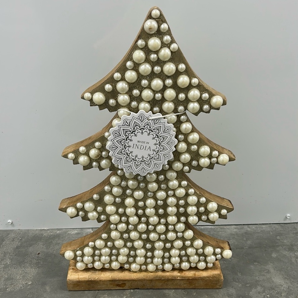 New Wood Christmas Tree With Pearls Shimmery Holiday Decor 16.5” Tall - Picture 1 of 3